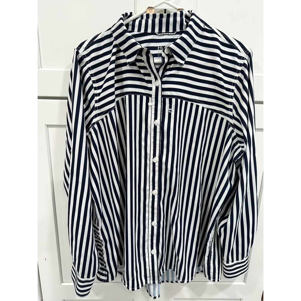 Huk Womens XL Performance Fishing Shirt Navy White Striped Long Sleeve Button Up